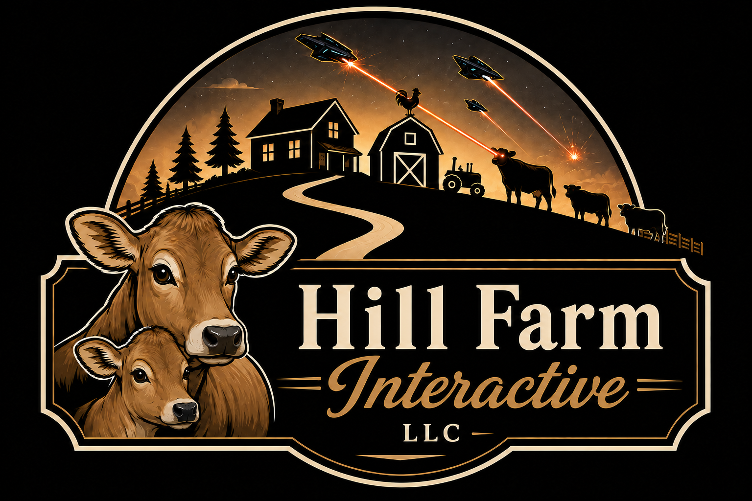 Hill Farm Interactive, LLC logo with a farm, cows, and a playful science-fiction invasion